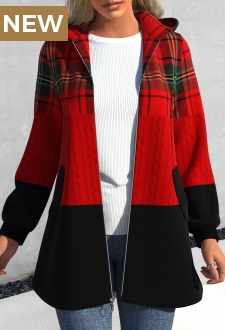 Red Zipper Plaid Long Sleeve Hooded Jacket