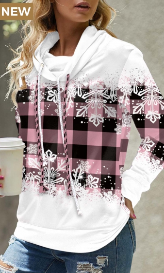 Pink Drawstring Snowflake Print Long Sleeve Sweatshirt