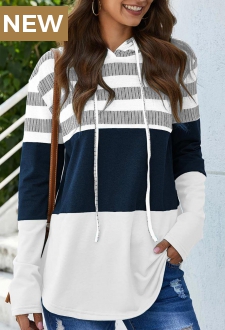 Drawstring Stripe Print Long Sleeve White Hoodie
