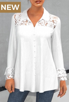 White Lace Stitching Turndown Collar Blouse