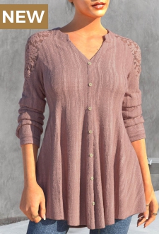 Dusty Pink Lace Patchwork Split Neck Blouse