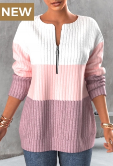 Light Pink Zipper Contrast Long Sleeve Sweatshirt