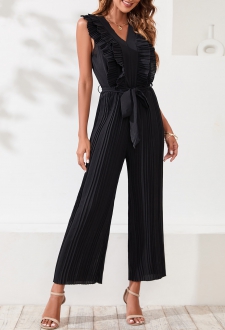 Black Belted Sleeveless V Neck Jumpsuit