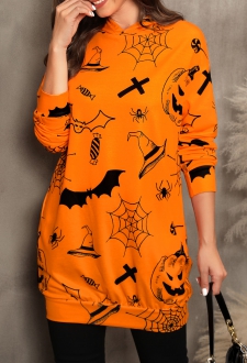 Orange Halloween Pumpkin Print Pocket Dress