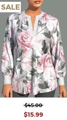 Valentines Rose Print Split Neck White Blouse