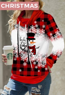 Drawstring Christmas Snowman Print Red Sweatshirt