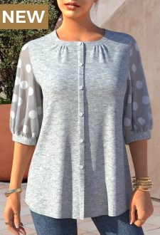 Fabric Splicing Polka Dot Grey Marl Blouse