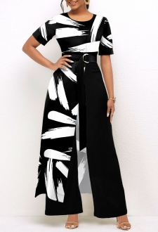 Brush Stroke Print Belted Black Pocket Jumpsuit