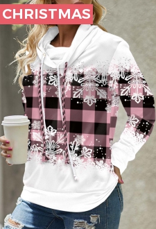 Pink Drawstring Snowflake Print Long Sleeve Sweatshirt