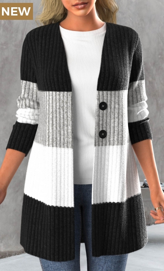 Black Button Contrast Color Long Sleeve Coat