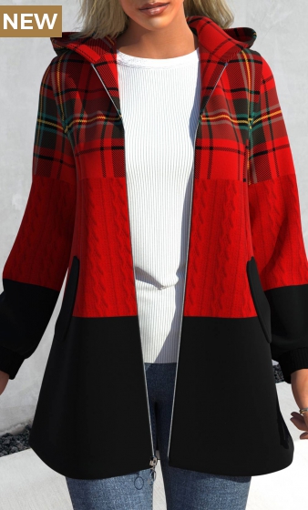 Red Zipper Plaid Long Sleeve Hooded Jacket