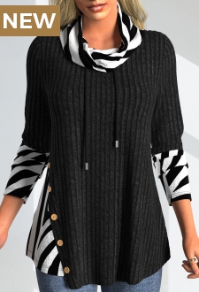 Black Button Zebra Stripe Print Long Sleeve Sweatshirt
