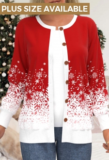 Plus Size Red Button Snowflake Print Long Sleeve Coat