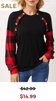 Decorative Button Plaid Long Sleeve Round Neck Sweatshirt