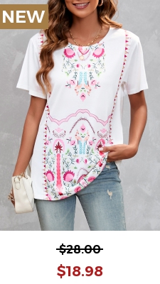 White Tribal Print Round Neck T Shirt
