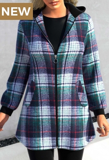Blackish Green Zipper Tartan Long Sleeve Jacket