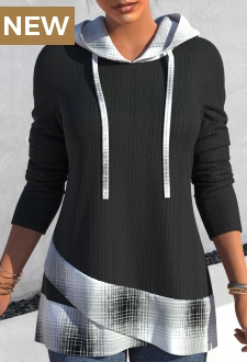 Black Tartan Print Long Sleeve Hoodie