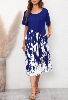 Butterfly Print Navy Blue Round Neck Dress
