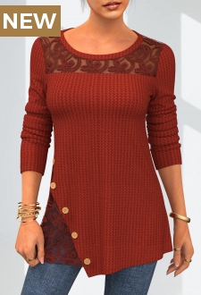 Lace Patchwork Solid Round Neck T Shirt