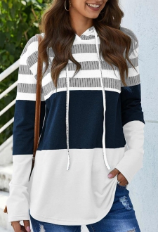 Drawstring Stripe Print Long Sleeve White Hoodie