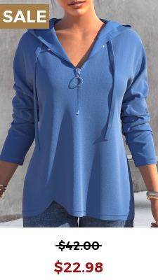 Dusty Blue Quarter Zip Drawstring Long Sleeve Hoodie