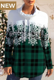 Green Drawstring Snowflake Print Long Sleeve Sweatshirt