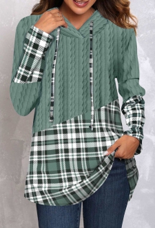 Sage Green Twisted Tartan Print Drawstring Hoodie