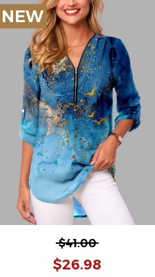 Quarter Zip Scape Print Blue Blouse