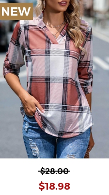 Dusty Pink Tartan Print Long Sleeve Split Neck Blouse
