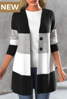 Black Button Contrast Color Long Sleeve Coat