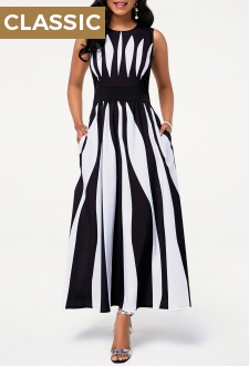 Round Neck Sleeveless Stripe Print Pocket Dress