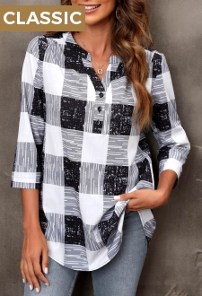 Plaid Split Neck Black 3/4 Sleeve Blouse