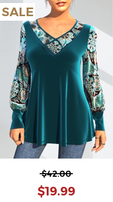 Tribal Print Velvet Stitching Peacock Blue T Shirt
