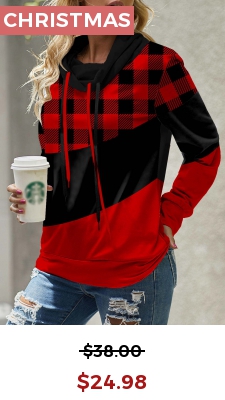 Red Drawstring Plaid Long Sleeve Cowl Neck Sweatshirt