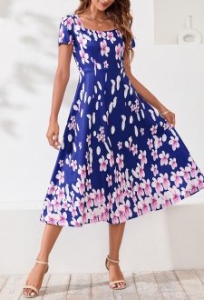 Navy Blue Floral Print Square Collar Dress