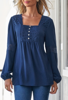 Navy Lace Stitching Decorative Button Blouse