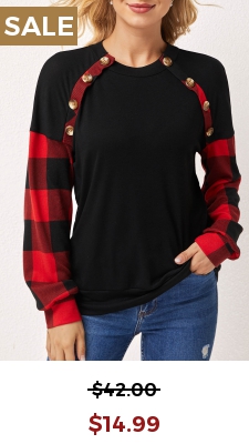 Decorative Button Plaid Long Sleeve Round Neck Sweatshirt