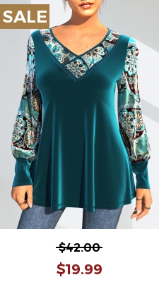 Tribal Print Velvet Stitching Peacock Blue T Shirt
