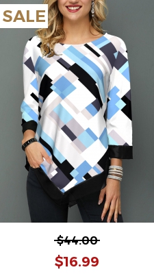 White Asymmetric Hem Geometric Print Blouse