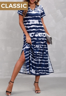 Navy Tie Dye Print Double Slit Dress