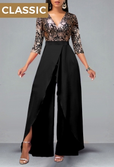 Black Lace Patchwork Floral Print Jumpsuit