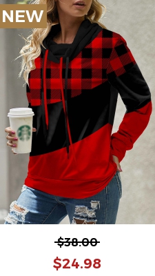 Red Drawstring Plaid Long Sleeve Cowl Neck Sweatshirt