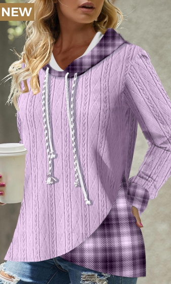 Light Purple Asymmetric Hem Tartan Print Hoodie