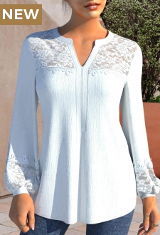 Lace Stitching White Split Neck Blouse