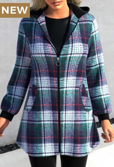 Blackish Green Zipper Tartan Long Sleeve Jacket