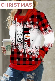 Drawstring Christmas Snowman Print Red Sweatshirt