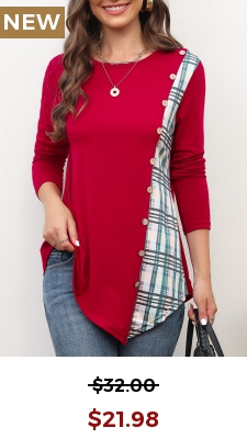 Wine Red Button Plaid Long Sleeve Sweatshirt