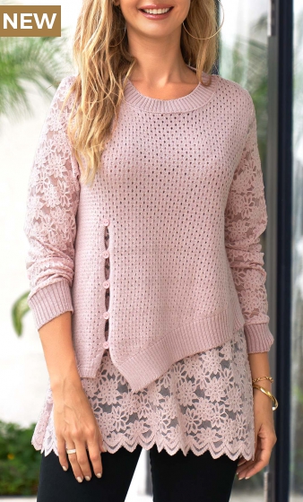 Dusty Pink Lace Long Sleeve Round Neck Blouse