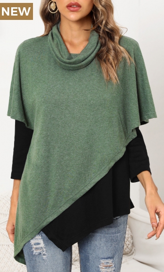 Green Asymmetric Hem Long Sleeve Cowl Neck Sweatshirt