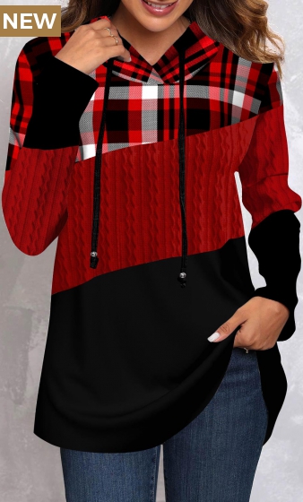 Red Twisted Tartan Print Long Sleeve Hoodie